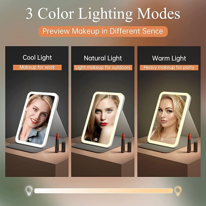 Rechargeable Travel Lighted Makeup Vanity Mirror with PU Leather Cover | Portable Travel Makeup Mirror with lights, 3 Color Lighting,Touch Dimmable, Light Up Tabletop Cosmetic Mirror Folding Flower