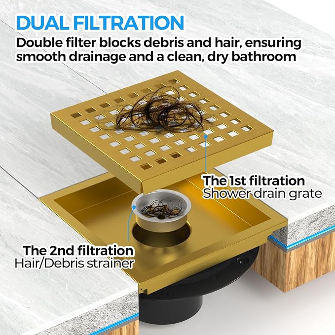 zaa 6 Inch Square Shower Drain, Bathroom Floor Drain, 304 Stainless Steel Shower Floor Drain Kit with Flange, Removable Shower Drain Grate with Hair Strainer, Gold