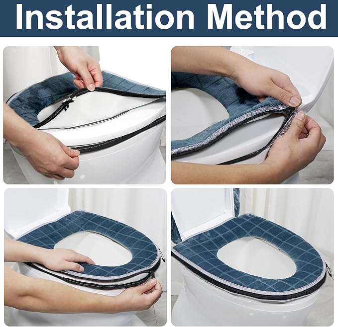 Toilet Seat Cover and Toilet Lid Cover Set, Soft Toilet Seat Cushion with Zipper Adjustable Rubber Backing Toilet Seat Warmer Bathroom Decor and Accessories, Blue Gray