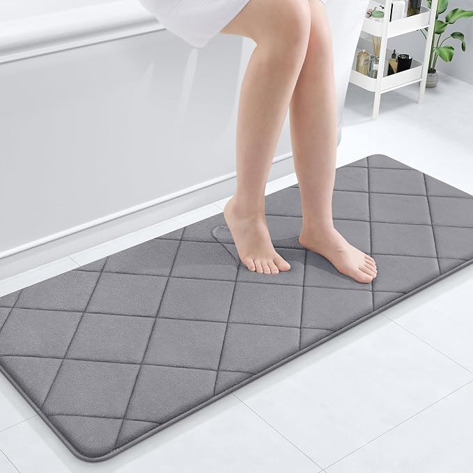 OLANLY Memory Foam Bath Mat 47x20, Ultra Soft and Absorbent Bathroom Rugs | Medium Grey, Quick Dry, Machine Washable Shower Bath Rugs, Comfortable Bath Carpet for Bathroom Floor, Tub and Shower