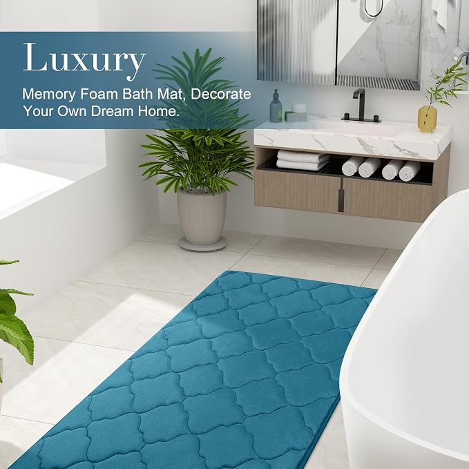 OLANLY Memory Foam Bath Mat Rug 47x24, Soft Bathroom Rugs, Peacock Blue | Thick Absorbent Carpet, Non-Slip Backing, Machine Washable, for Bathroom Floor, Tub, Shower and Home Decor Accessories