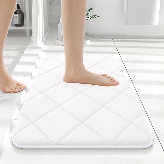 OLANLY Memory Foam Bath Mat 24x16, Ultra Soft and Absorbent Bathroom Rugs | White, Quick Dry, Machine Washable Shower Bath Rugs, Comfortable Bath Carpet for Bathroom Floor, Tub and Shower