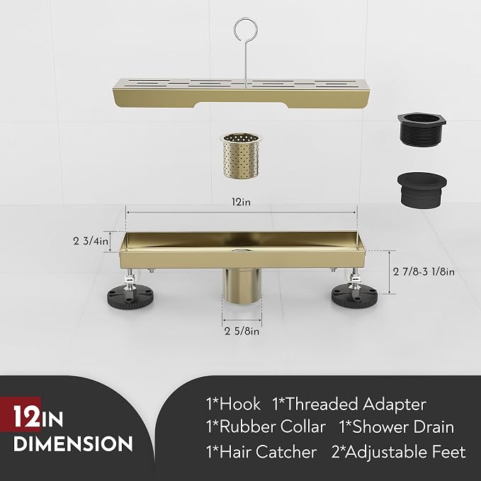 WEBANG 12 Inch Linear Shower Drain Rectangular Floor Drain with Accessories Rainline Pattern Cover Grate Removable SUS304 Stainless Steel CUPC Certified Brushed Gold