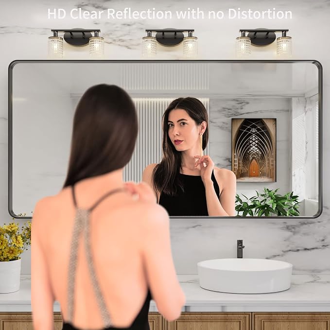 LOAAO 72X36 Inch Black Bathroom Mirror Metal Framed | Matte Black, Rounded Rectangle, Anti-Rust, Tempered Glass, Hangs Horizontally or Vertically