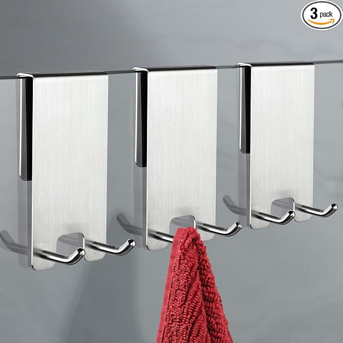 Taozun Shower Door Hooks, 3-Pack Towel Hooks for Bathroom Frameless Glass Door, Shower Squeegee Hook, Silver, Stainless Steel