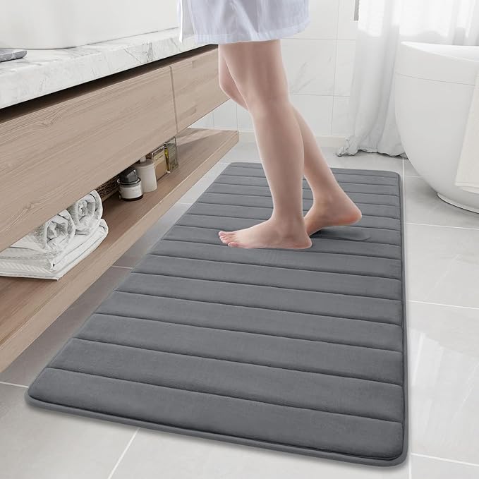 Buganda Memory Foam Bath Mat 60 x 24, Ultra Soft Absorbent Bathroom Rugs | Grey, Machine Washable Quick Dry Bath Mats for Bathroom Floor, Shower and Tub, Home Decor Accessories