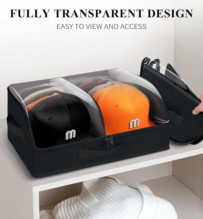 Hat Organizer for Baseball Caps, 2 Compartments Clear Window Hat Box for Closet Hold Up to 24 Caps, Hat Storage Holder Container with Sturdy Cardboard for Home Storage | Black