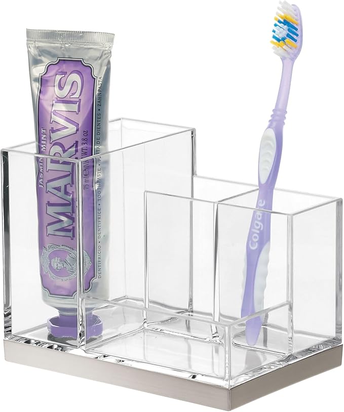 mDesign Plated Toothbrush and Toothpaste Holder, Storage Organizer Stand with 4 Compartments for Bathroom Countertop, Holders for Electric Toothbrush, Toothpaste, Hyde Collection, Clear/Brushed Chrome