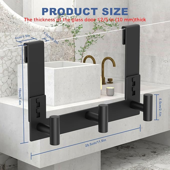 WUIVIUT Over Glass Shower Door Hooks, Towel Racks for Bathroom, Fits 3/8" (10mm) Thick Shower Door, Heavy Duty Washroom Hooks for Robe, Coat (T Shape, 3 Hook)