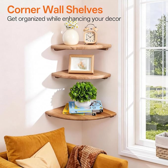 Gieanoo Floating Corner Shelves for Wall Set 2 9inch Solid Oak Rounded Corner Shelves Wall Mounted with Cable Hole Wood Corner Hanging Shelves for Living Room Bedroom Bathroom Kitchen