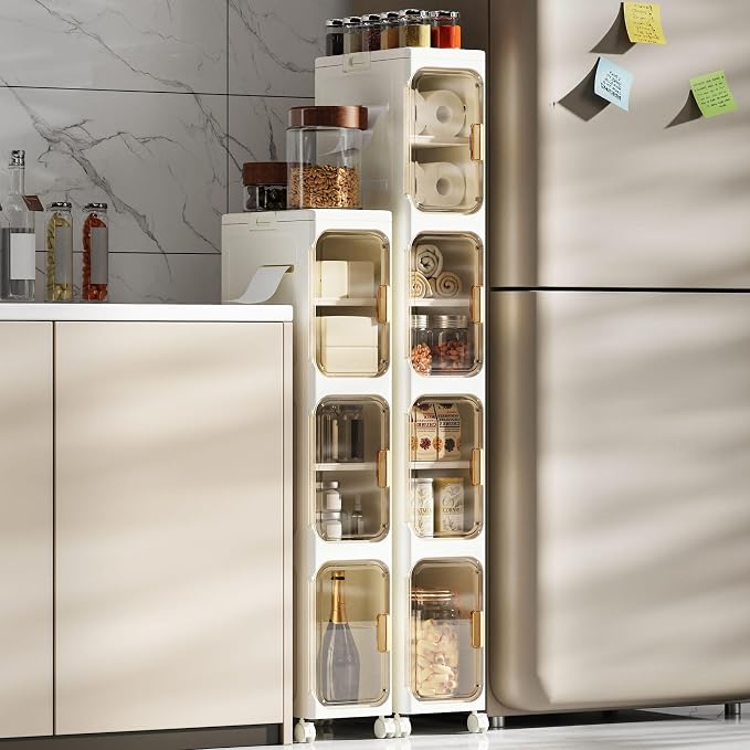 Slim Bathroom Storage Cabinet, Foldable & Movable Narrow Storage Organizer for Small Spaces, Bathroom, Kitchen, Laundry Room, Living Room (3-Tier)