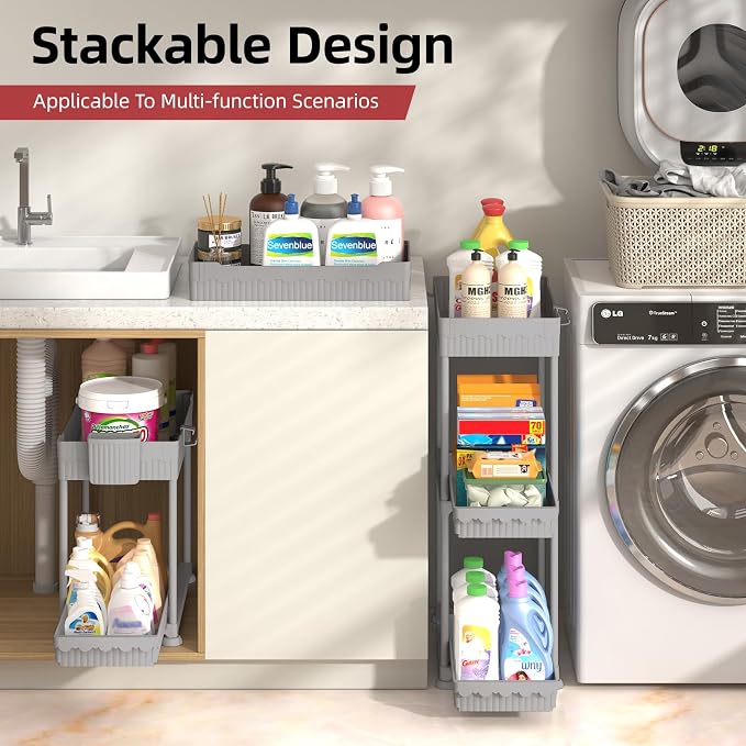 Sevenblue Under Sink Organizer, Bathroom Organizers and Storage, 2 Tier Multi-Use Pull Out Cabinet Organizer with Hang Hooks and Cups (Gray, 12.8 Inch)