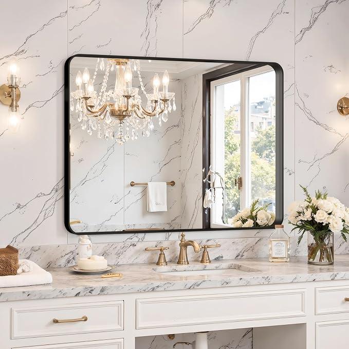 32"x24" Bathroom Vanity Mirror for Wall Aluminum Framed Farmhouse Rectangle | Anti-Rust, HD Reflection Anti-Desilvering, Distortion Free, Tempered and Shatter-Proof Wall Mounted Mirror, Black