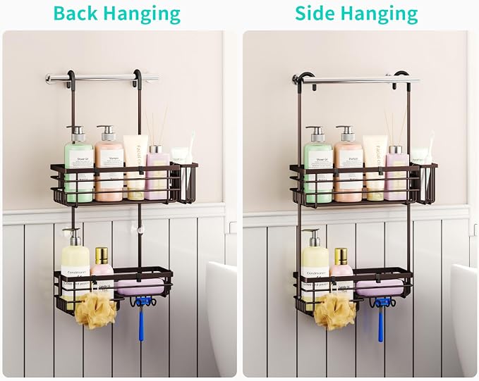 HapiRm Hanging Shower Caddy Organizer - No Drilling Shower Shelves with Hooks and Toothbrush Holder, Rustproof 304 Stainless Steel Bathroom Organizer - Bronze
