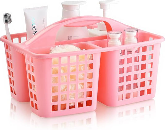 ALINK Plastic Shower Caddy Basket with Compartments, Portable Divided Cleaning Supply Storage Organizer with Handle for College Dorm Bathroom - Pink