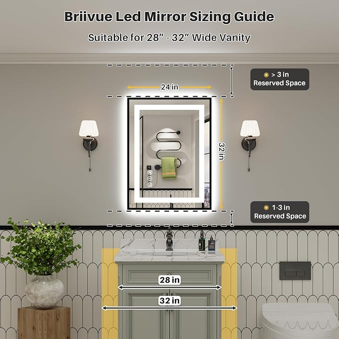 24x32 Inch LED Bathroom Mirror with Black Frame, Backlit & Front Lit | Anti-fog, 3 Color Dimmable, Memory Function, HD Reflection Tempered Glass, ETL Listed, IP54 Waterproof