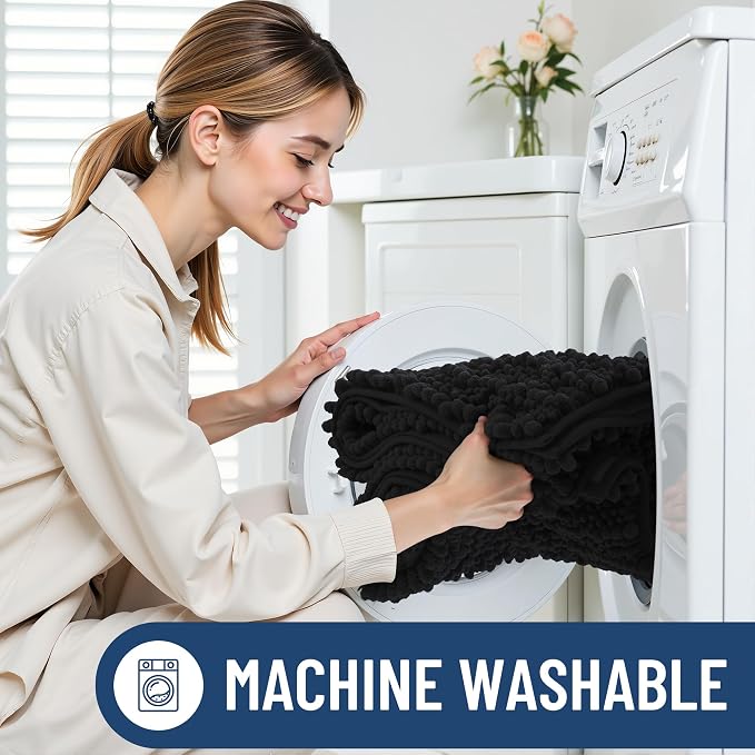 Smiry Bathroom Rugs 30X18, Extra Soft Rubber Backing Chenille Bath Mats | Black Machine Washable Non Slip Quick Dry Bath Mats for Bathroom Floor, Tub, Shower, Home Decor Accessories