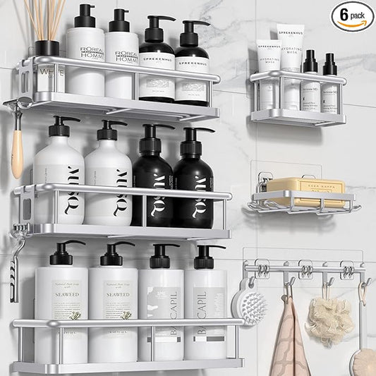 Shower Caddy Adhesive, Rustproof Shower Organizer with Soap Holder, Large Capacity Shower Shelves for Inside Shower, No Drilling Bathroom Organizers and Storage for Home Decor（6 Pack Silver）