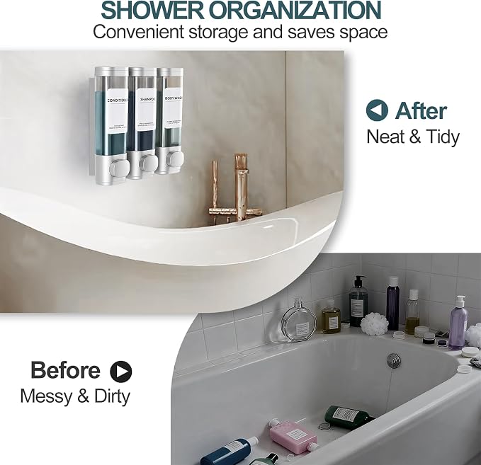 3 Pack Shampoo and Conditioner Dispenser, Shower Soap Dispenser 3 Chamber No Drill Wall-Mounted, Body Wash and Shower Dispenser Set for Shower Wall, Elegant Large Capacity for Bathroom Hotel, Silver