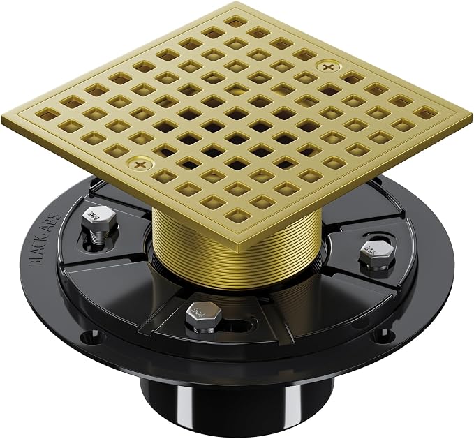 4 Inch Shower Floor Drain with Flange - Square Shower Drain with Hair Strainer - Removable Strainer Cover - SUS304 Stainless Steel - Brushed Gold