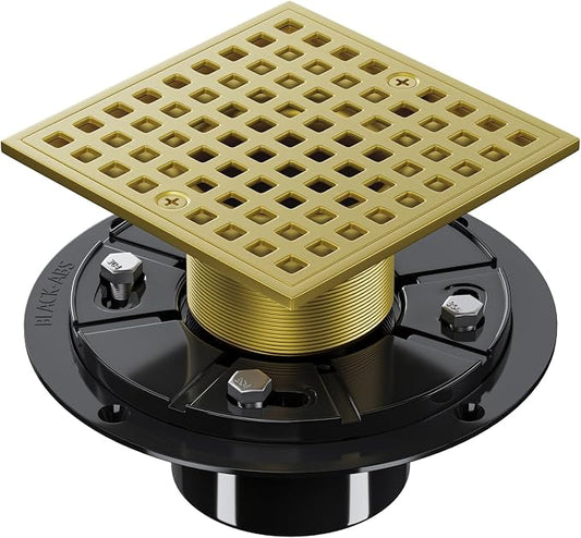 4 Inch Shower Floor Drain with Flange - Square Shower Drain with Hair Strainer - Removable Strainer Cover - SUS304 Stainless Steel - Brushed Gold
