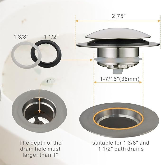 Brushed Bathtub Drain Stoppers, Wellup Universal Pop Up Bathtub Drain Stopper Replacement, Tip Toe & Lift and Turn Tub Plug, Stainless Steel Drain Conversion Kit for 1-3/8"and 1-1/2" Bathroom Drains