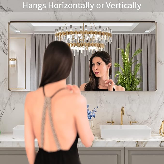 LOAAO 60"X28" Bronze Bathroom Mirror | Rounded Rectangle, Brushed Bronze Metal Frame, Anti-Rust, Tempered Glass, Hangs Horizontally or Vertically
