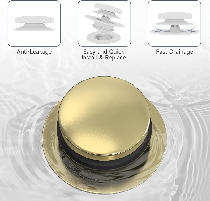 Brushed Gold Upgraded Tip Toe Tub Stopper, Universal Pop Up Bathtub Drains Plug, Bathroom Bath Tub Drain Stoppers, Replaces Lift and Turn, Tip-Toe and Trip Lever drains for Tub, Easy Install