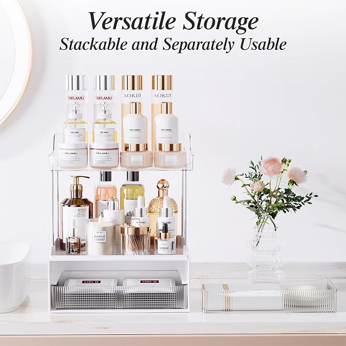 Bathroom Counter Organizer, TidyStash 2-Tier 2-Drawer Makeup Organizer Countertop, Easy to Install, Ideal for Bathroom Storage, Vanity, Perfume, Large Skincare Items, Present, and More, Clear