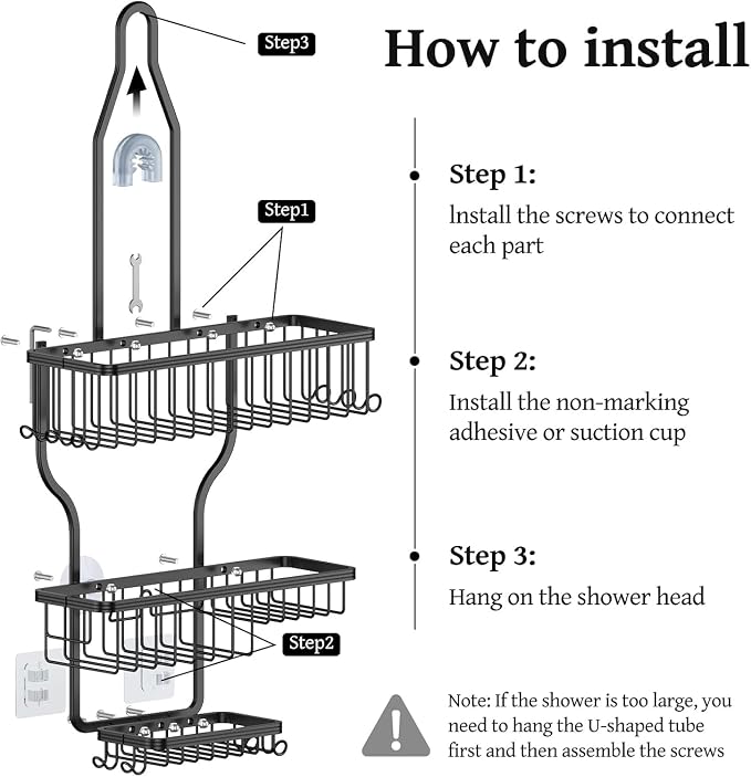 Never Rust Shower Caddy Hanging, Aluminum Shower Racks for Inside Shower, 3-Tier Shower Organizer Hanging Over Shower Head with Hooks and Soap Holder, Black