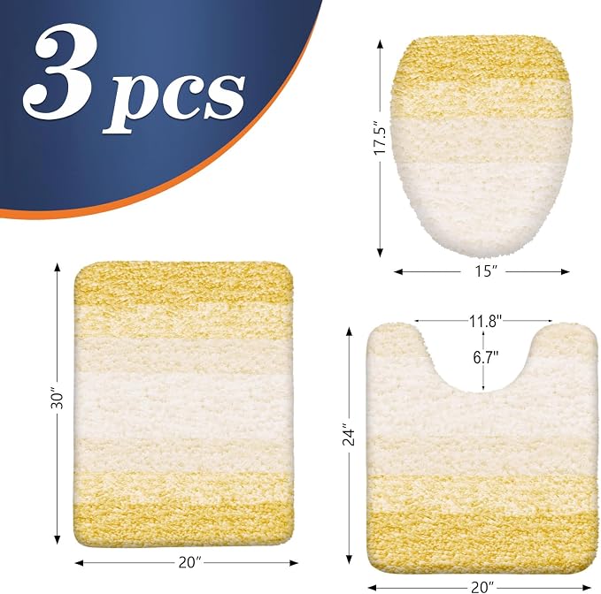 OLANLY Bathroom Rugs Sets 3 piece, Soft Microfiber Absorbent Bath Mat, U-Shaped Contour Toilet Mat and Toilet Lid Cover, Quick Dry, Machine Washable, Toilet Cover and Rug Set for Bathroom, Yellow