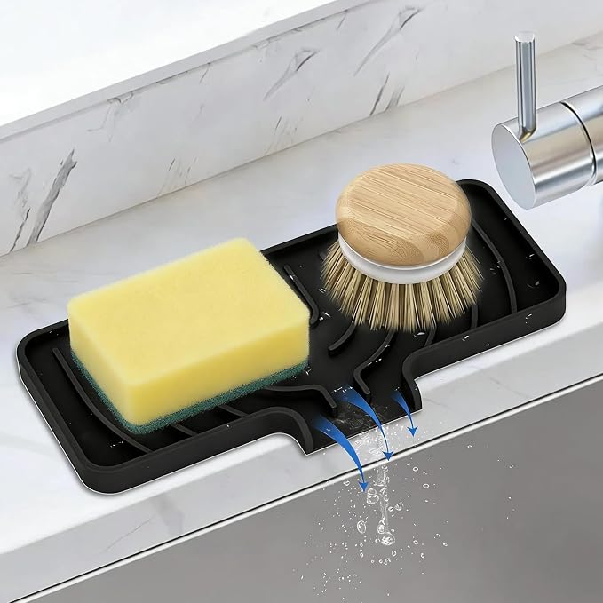 Silicone Sponge Holder for Kitchen Sink With Drain Spout, Self Draining, Kitchen Soap Tray, Bathroom Organizer, Sink Caddy (Black, 10×4)