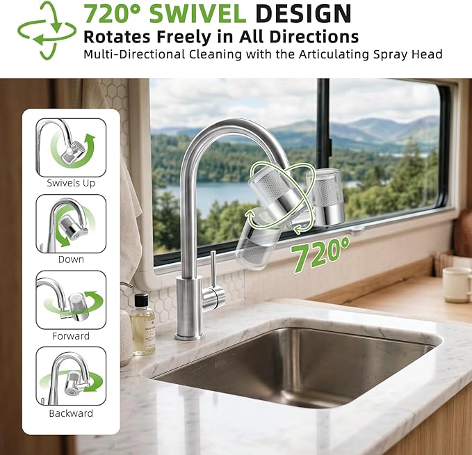 720° Rotating Faucet Water Filter - w/4 Filters, 22 Adapters, 2 Modes Faucet Extender Aerator, Remove Chlorine & Sediment for Most Bathroom/Pull Out Kitchen/RV Faucets, Water Saving Tap Filter