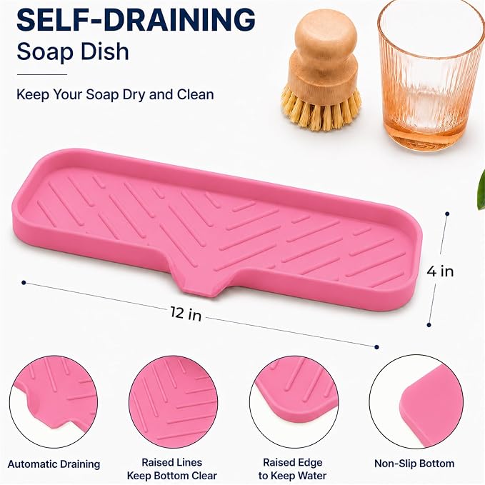 MicoYang Silicone Soap Dish with Drain Spout — Self-Draining Double Sink Organizer Tray for Kitchen & Bathroom, Dispensers, Sponges & Soap Holder, Non-Slip & Dishwasher Safe, Rose (Large, 12"×4")