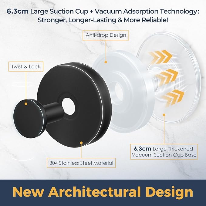 Large Suction Cup Hooks for Shower,Glass Window&Door,Mirror,Reusable Shower Hooks,No-Drill Removable Towel Hooks for Bathroom,2 Packs(Matte Black)
