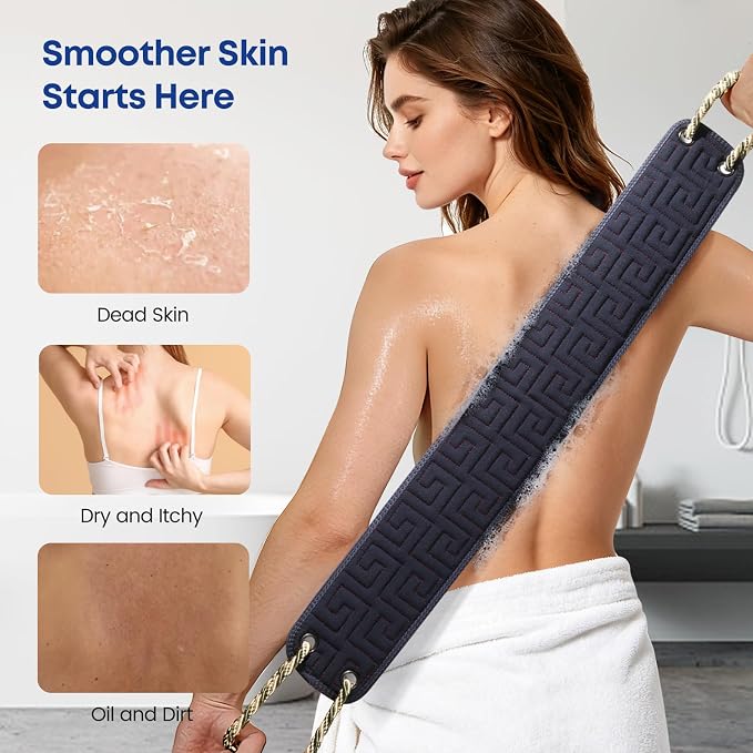 38 Inch Exfoliating Back Scrubber for Shower, Back Washer, Black | Dual Handles Long Bath Exfoliator, Full Back Coverage without Straining, Dual-Sided for Deeper Cleansing, Men & Women Acne