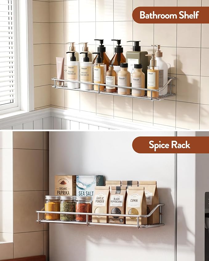 Orimade Bathroom Shelf Organizer Shower Caddy Storage Kitchen Rack with Traceless Transparent Adhesive No Drilling SUS304 Stainless Steel, 15.75 inch, Silver