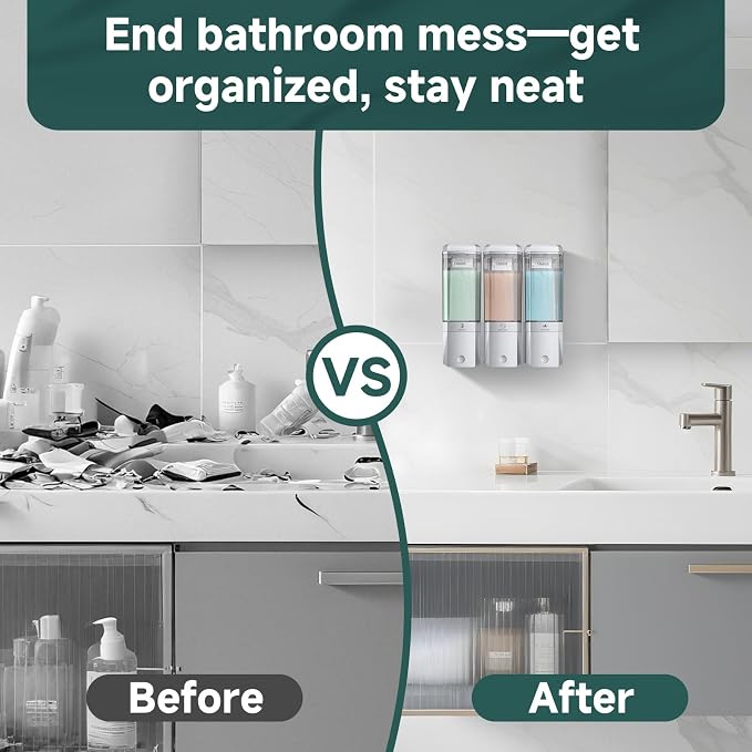 Shampoo and Conditioner Dispenser 3 Chamber No Drill Shower Soap Dispenser Wall Mounted Shampoo Conditioner Body Wash Dispenser 3 * 500ml Refillable Shower Dispenser for Bathroom Hotel, Silver