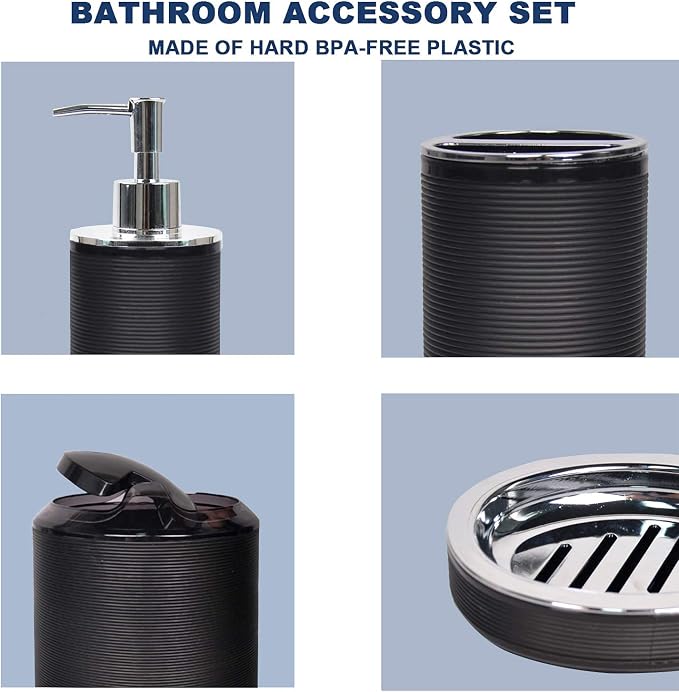CERBIOR Bathroom Accessories Set 6 Piece Spiral Pattern Bath Ensemble,Black | Includes Soap Dispenser, Toothbrush Holder, Toothbrush Cup, Soap Dish for Decorative Countertop and Housewarming Gift