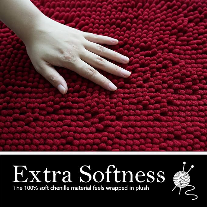 Bathroom Rugs Chenille Bath mat 3-Piece Set, Super Absorbent, Strong PVC Non-Slip, Bath Carpet, Plush Shaggy, Thick, Machine Washable, for Tub, Shower, Toilet, Burgundy