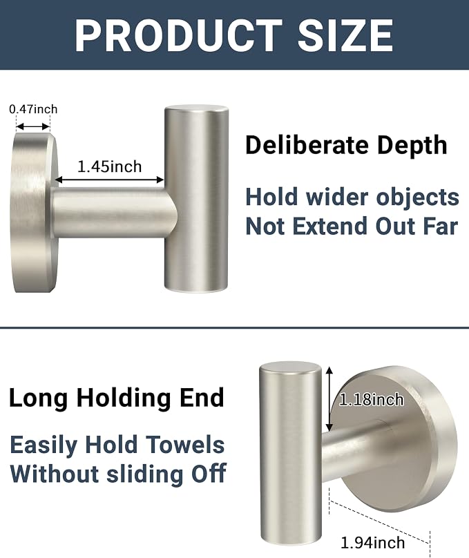 RARXTR Brushed Nickel Towel Hook, Coat Robe Clothes Hook for Kitchen Garage Wall Mounted 4 Pack, 304 Stainless Steel, Heavy Duty Door Hanger, Cabinet Closet Wall Hook for Hotel Pool (Brushed Nickel)