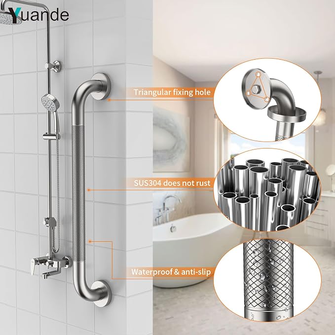 24 Inch Anti Slip Shower Grab Bar, YuanDe Brushed Nickel Stainless Steel Bath Grab Bar, Knurled Bathroom Safety Rail, Shower Handrail Support, Handicap Elderly Balance Assist Handles-1.25" Diameter