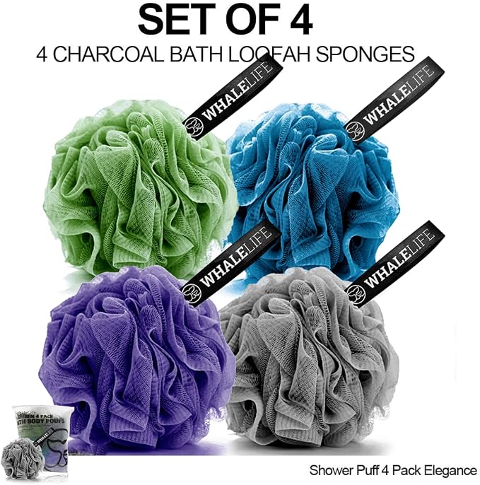 Bath Loofah Sponge for Shower - Body Scrubber 4-Pack Gray Blue Green Purple | 10X Suds Save Body Wash Double Knotted Anti Tear Core Fast Dry Cotton Loop Stay Fresh Large Mesh for Sensitive Skin