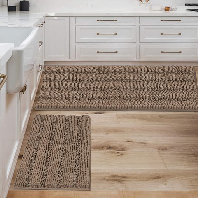 H.VERSAILTEX 2 Piece Bathroom Set - Super Absorbent Chenille Striped Bath Mats, Non Skid, Machine Washable (Taupe Brown, 47 x 17 Plus 17 x 24 - Inches)