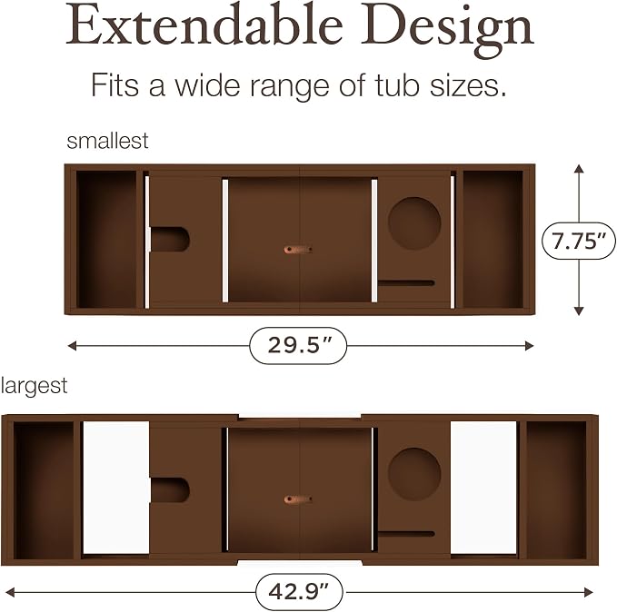 Bambüsi Bathtub Tray for Tub - Brown Bamboo Bath Tray, Expandable Wooden Bath Caddy Tray with Wine Holder, Book and Tablet Stand, Bathroom Accessories, Tub Table, Spa Bath Gifts for Women and Couples