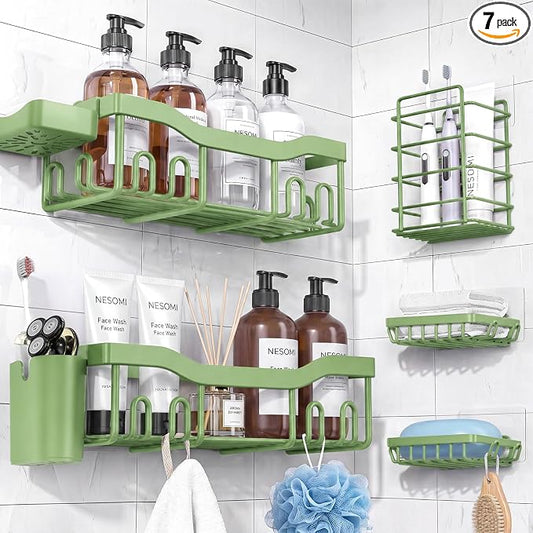 NESOMI Shower Caddy Adhesive Shower Organizer 7-Pack, Rustproof Stainless Steel Bathroom Shelves, Large Capacity No-Drill Rack Storage Accessories with Soap Dish Toothbrush Holder Hooks