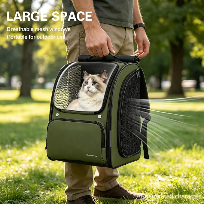 Cat Backpack Carrier Expandable Pet Backpack for Cats & Small Dogs | Clear Cat Carrier Large Space Shaded Cat Bubble Backpack Breathable Pet Outdoor Backpack for Hiking Travel Vet Walk, Green
