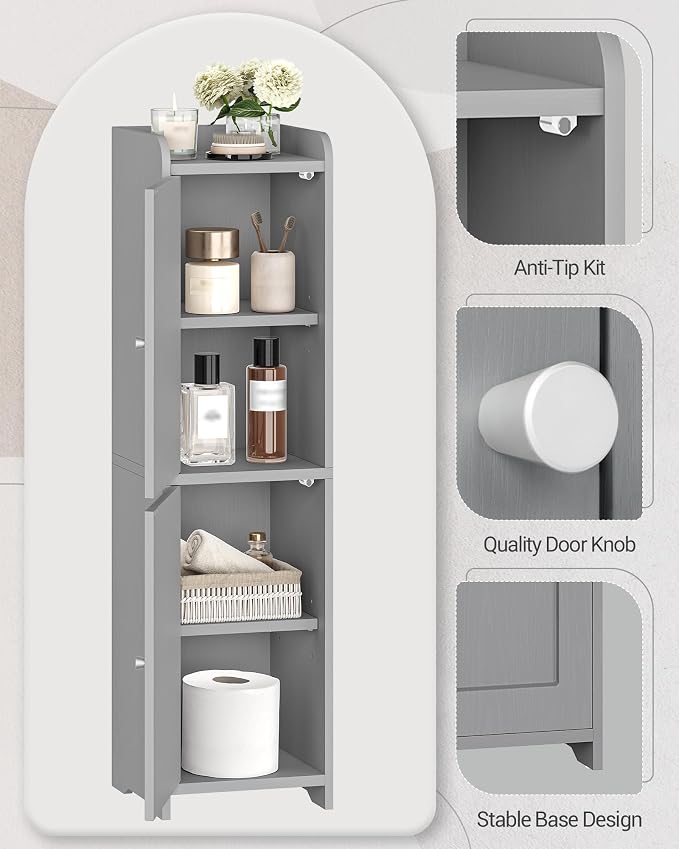 Hzuaneri Bathroom Storage Cabinet, Small Corner Floor Cabinet with 2 Doors and Adjustable Shelf, Narrow Toilet Paper Cabinets, Bathroom Organizer for Small Spaces, 7.9" D x 7.9" W x 29.5" H Gray