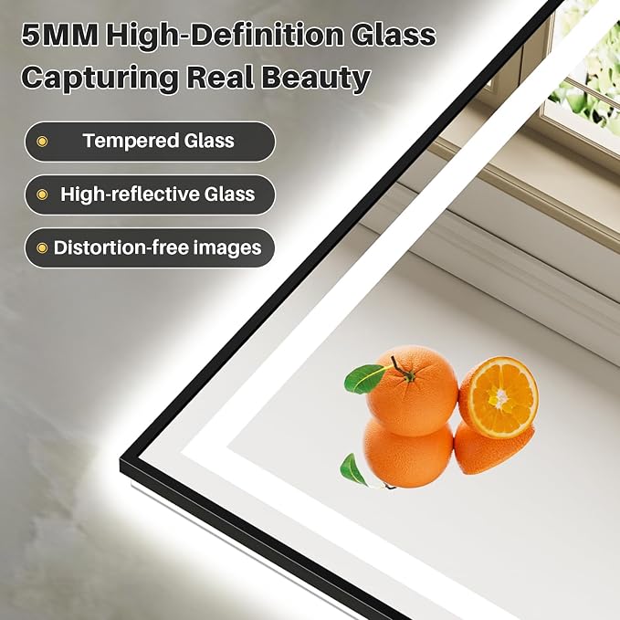 44x30 Inch LED Bathroom Mirror with Black Frame, Backlit & Front Lit | Anti-fog, 3 Color Dimmable, Memory Function, HD Reflection Tempered Glass, ETL Listed, IP54 Waterproof