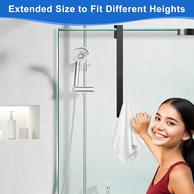 Shower Door Hooks 12 in, Shower Hooks for Towels, Heavy Duty Drilling-Free Extended Towel Hooks for Bathroom Frameless Glass Door, Over The Door Towel Hooks 3 Packs Black